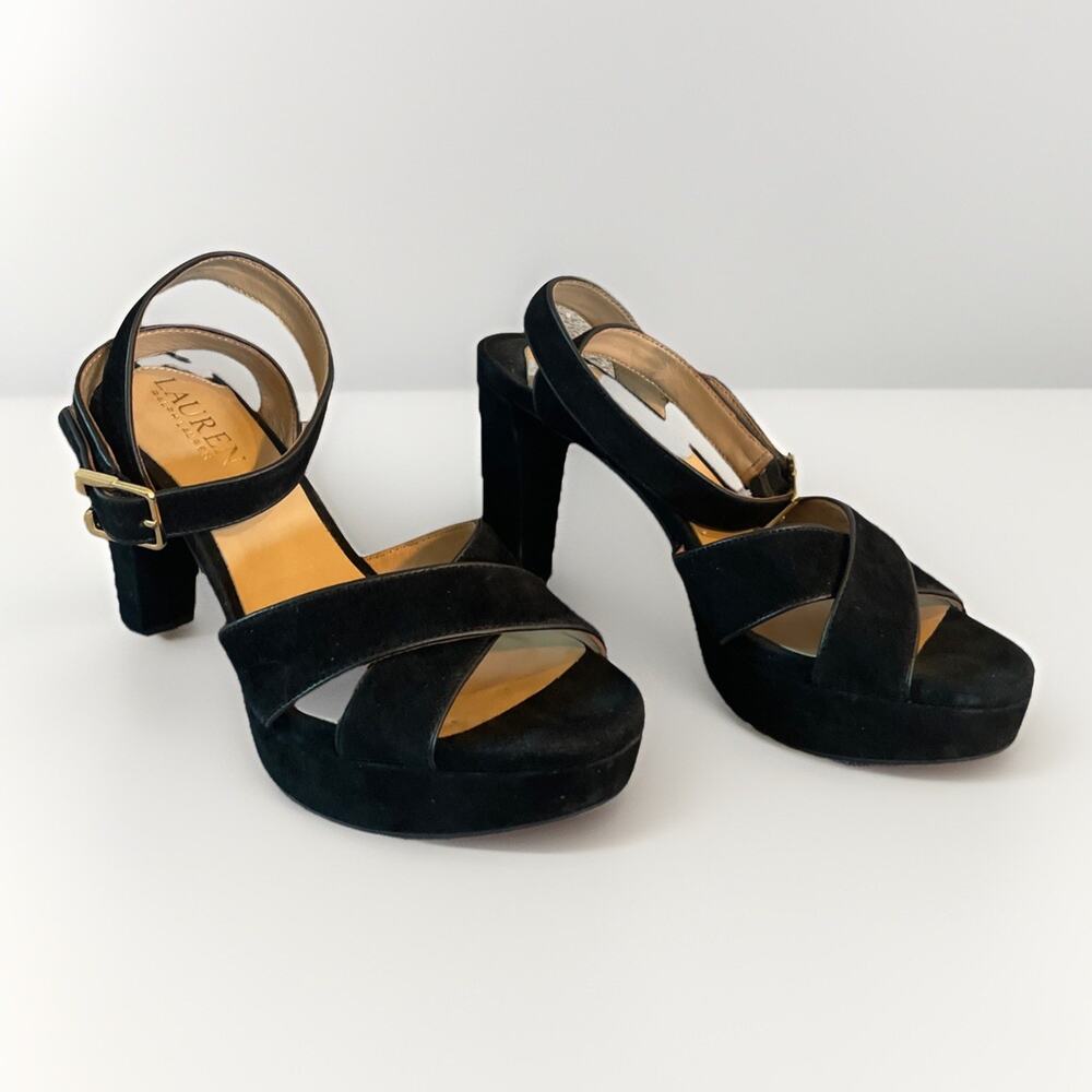 Lauren Ralph Lauren Women’s Sasha Black Suede Platform Sandal Heel Size 7